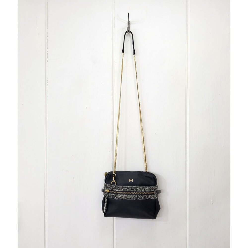Vintage Halston Black Leather & Snake Print Crossbody Bag With Gold Accents - Picture 4 of 8